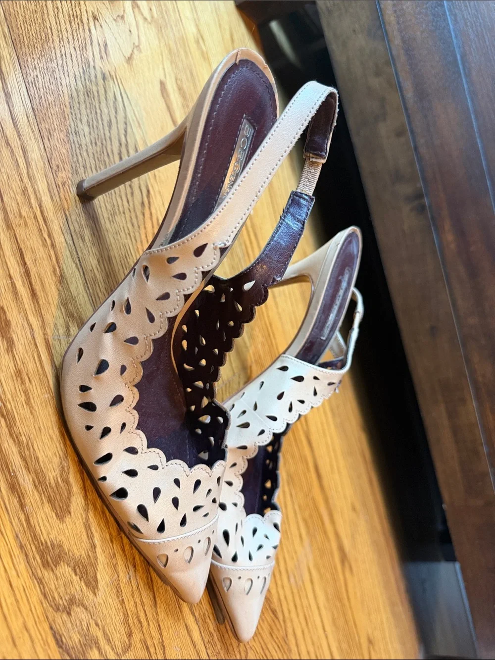 BCBGeneration Pointed Scalloped Slingback Heels in Beige